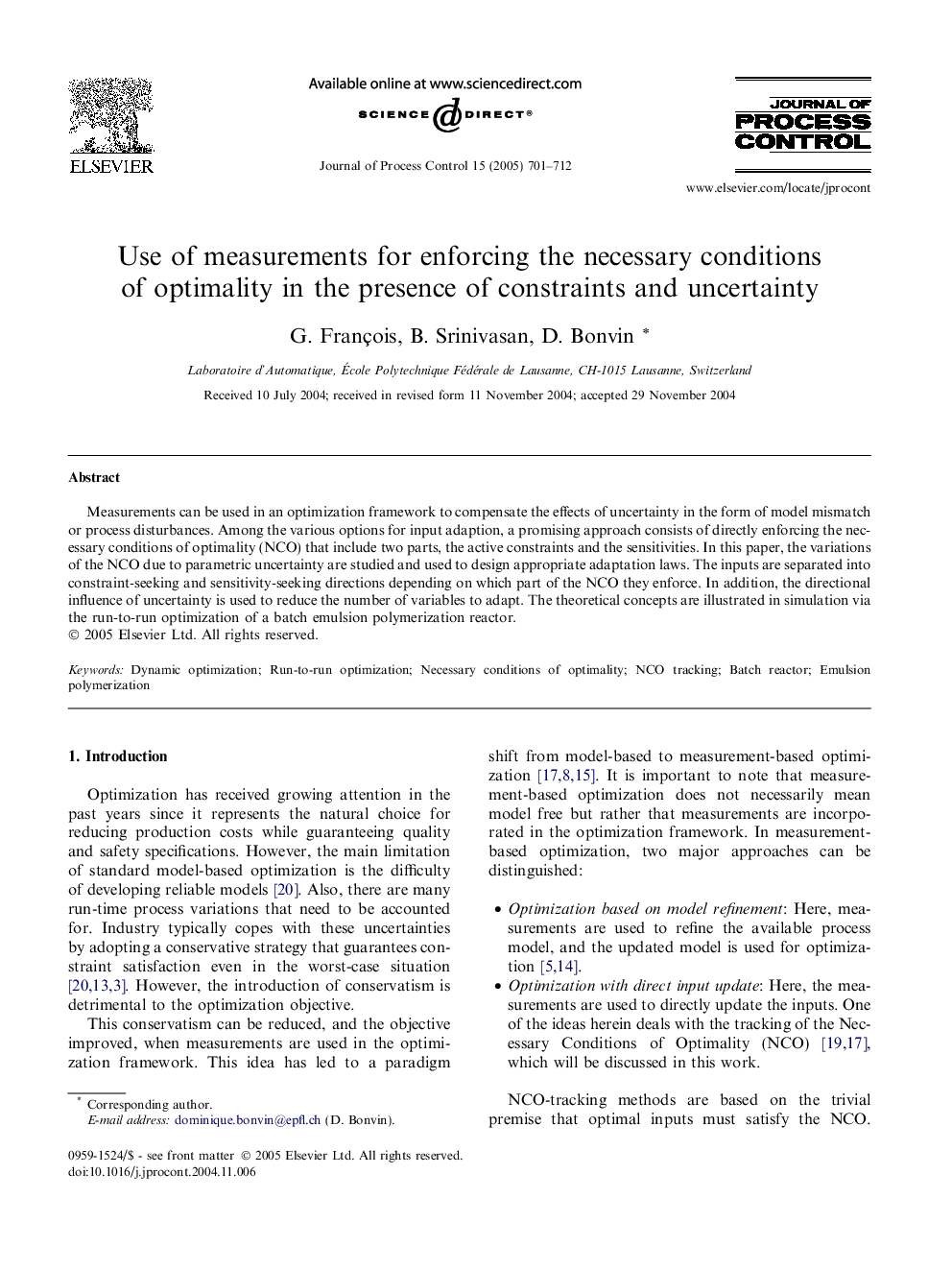 Use of measurements for enforcing the necessary conditions of optimality in the presence of constraints and uncertainty