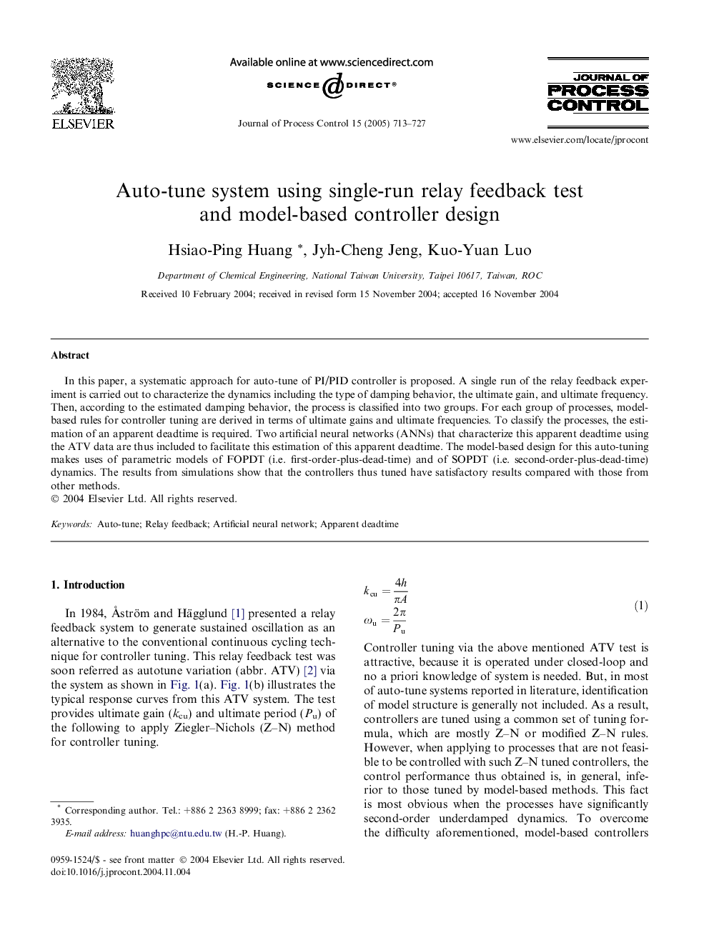 Auto-tune system using single-run relay feedback test and model-based controller design