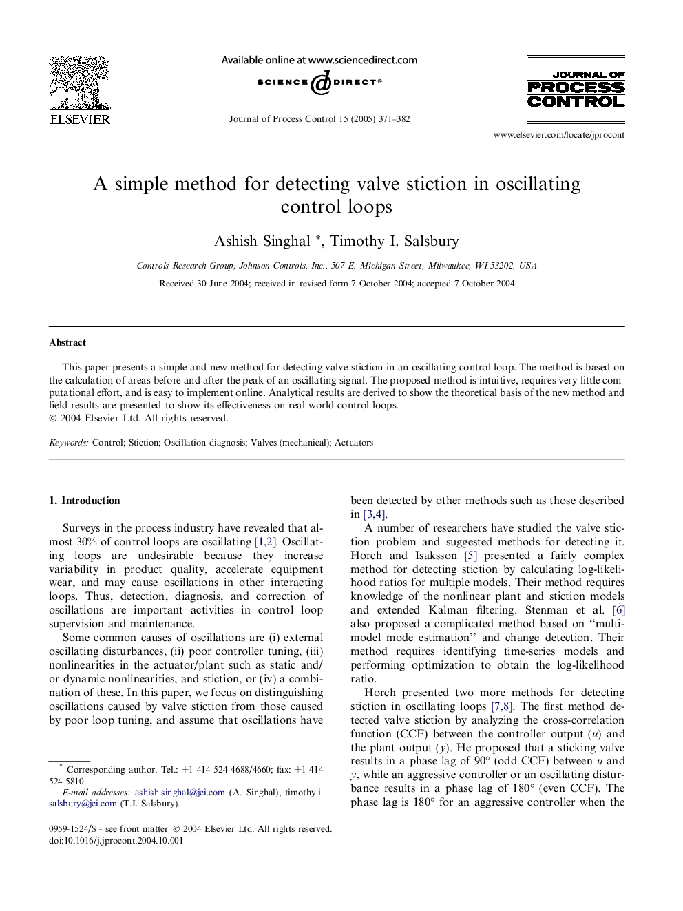 A simple method for detecting valve stiction in oscillating control loops