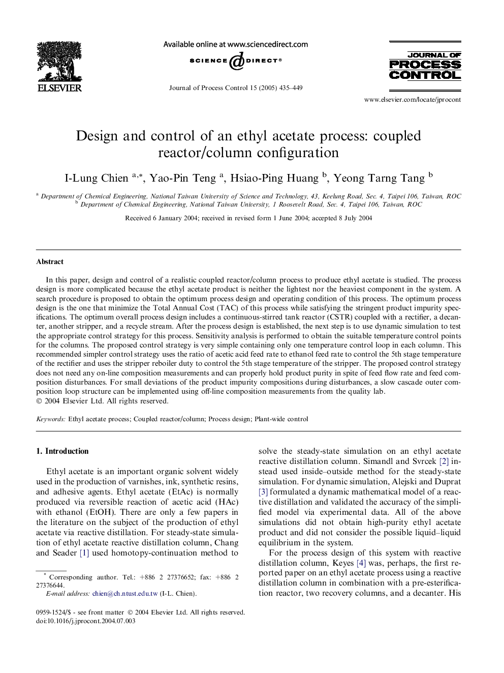 Design and control of an ethyl acetate process: coupled reactor/column configuration