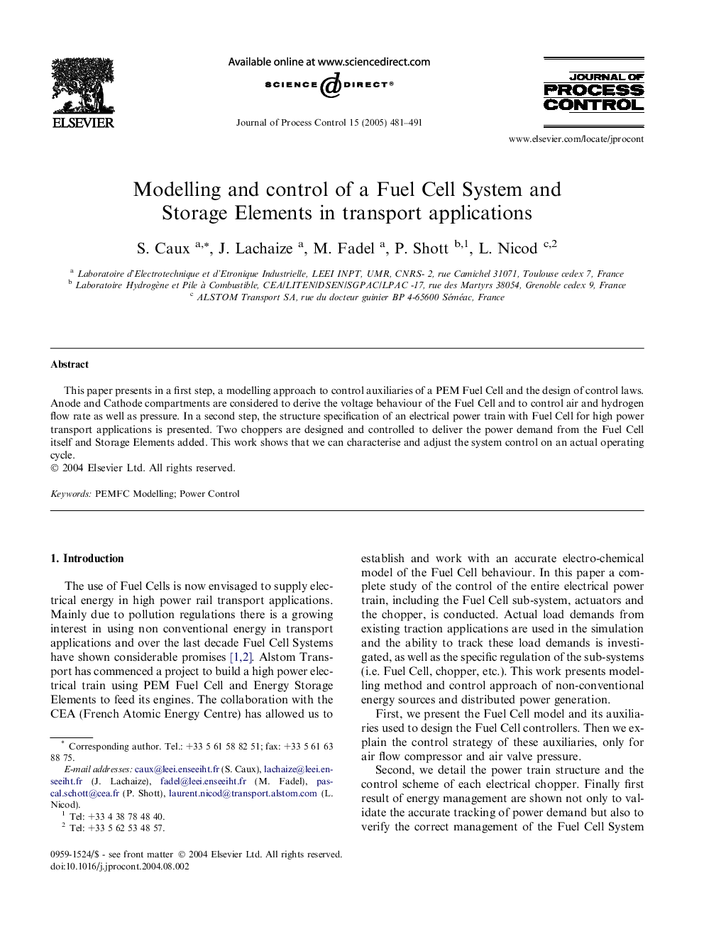 Modelling and control of a Fuel Cell System and Storage Elements in transport applications