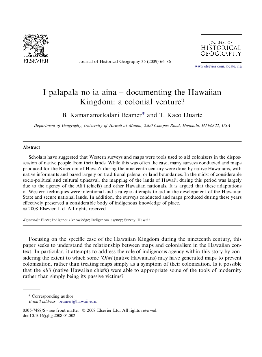 I palapala no ia aina – documenting the Hawaiian Kingdom: a colonial venture?