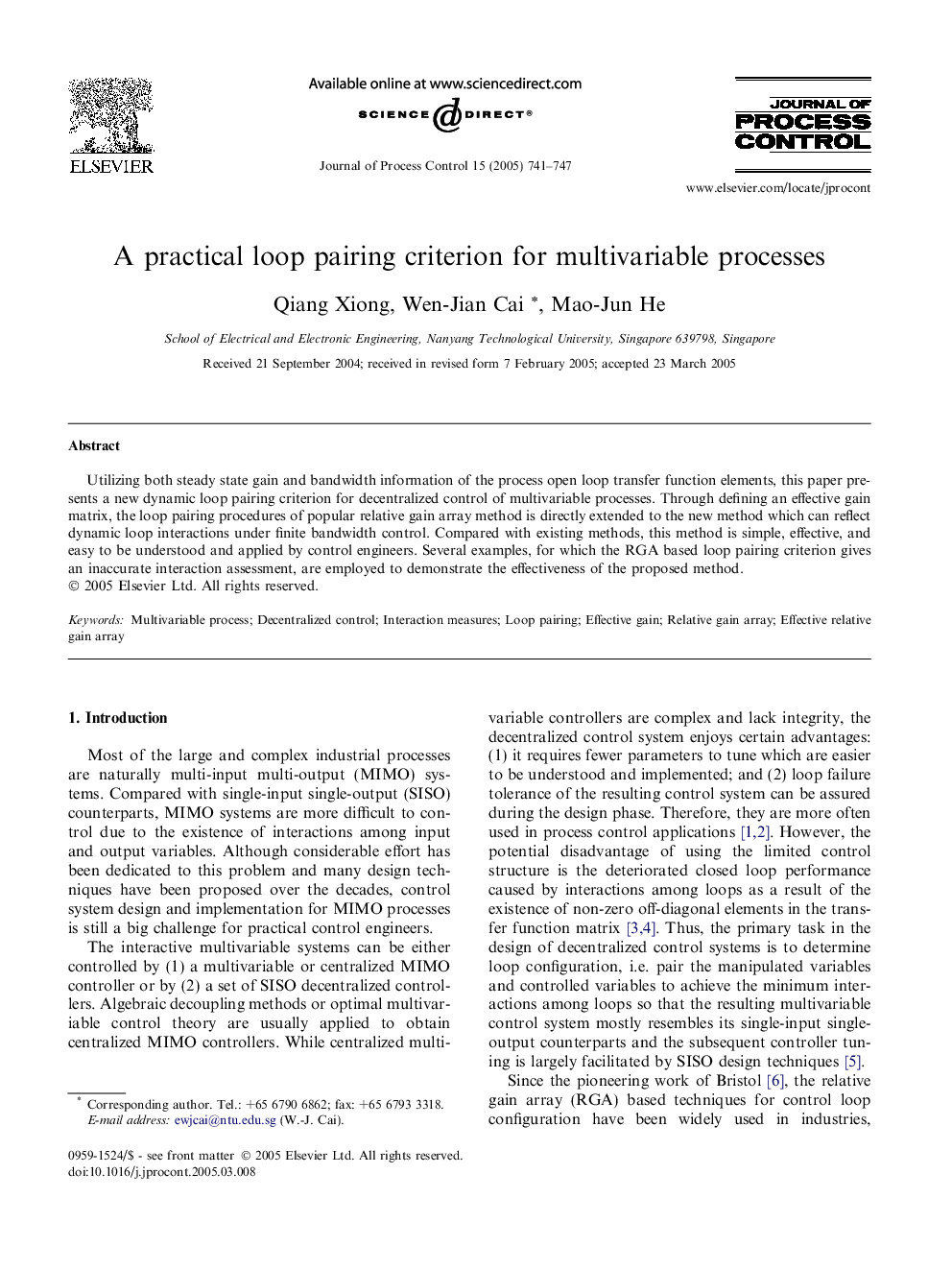 A practical loop pairing criterion for multivariable processes