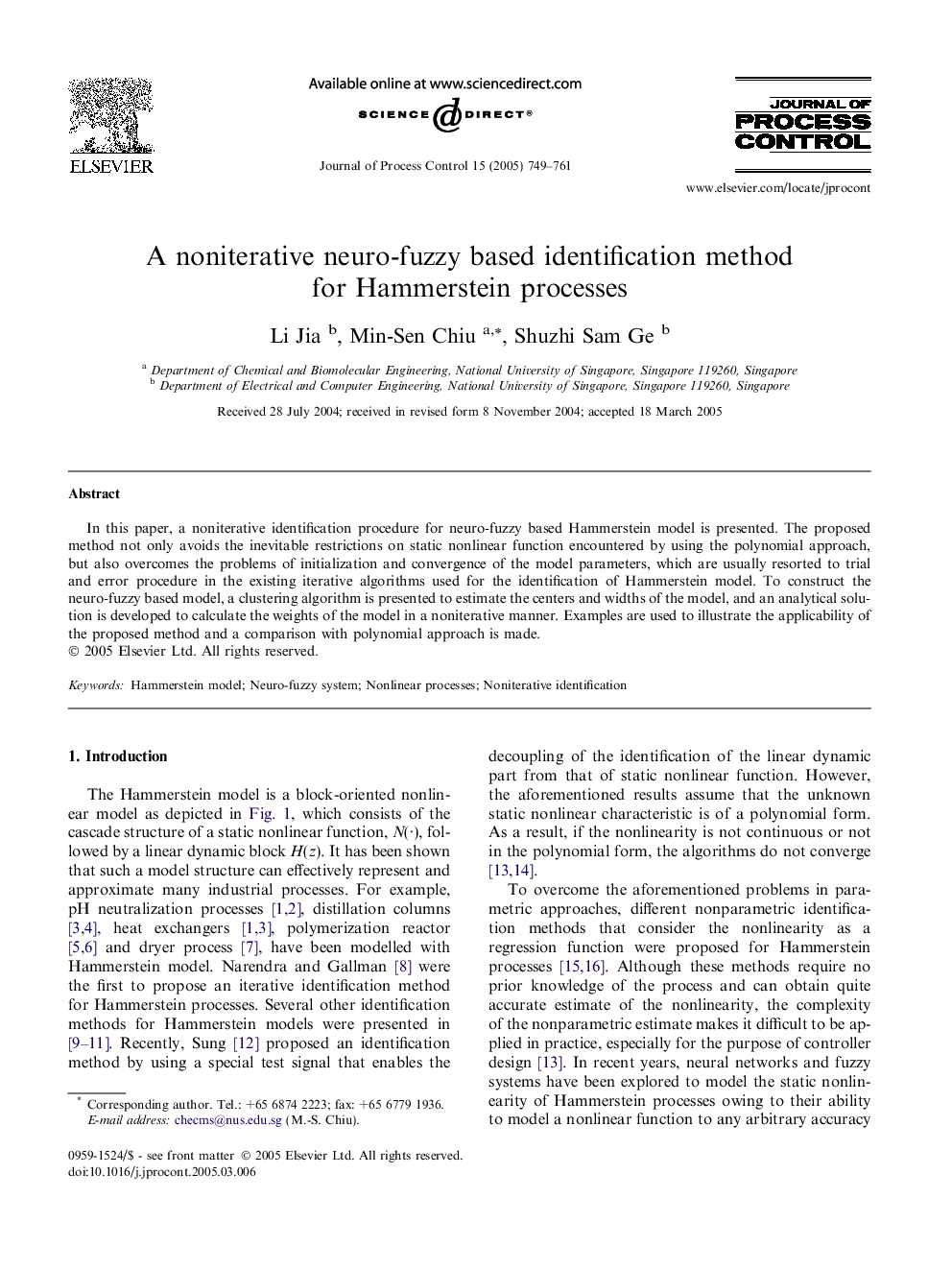 A noniterative neuro-fuzzy based identification method for Hammerstein processes