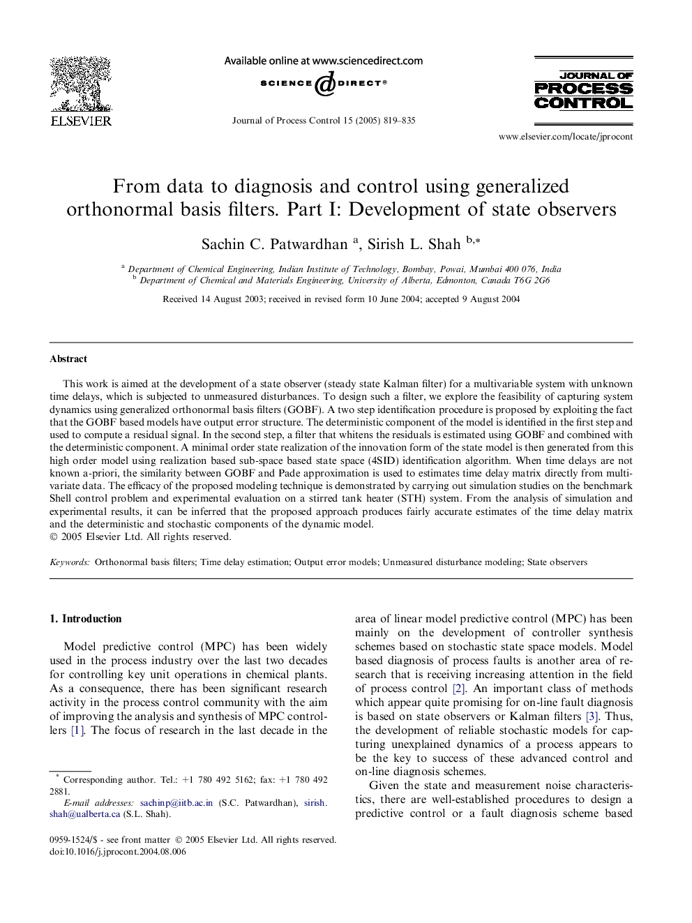 From data to diagnosis and control using generalized orthonormal basis filters. Part I: Development of state observers