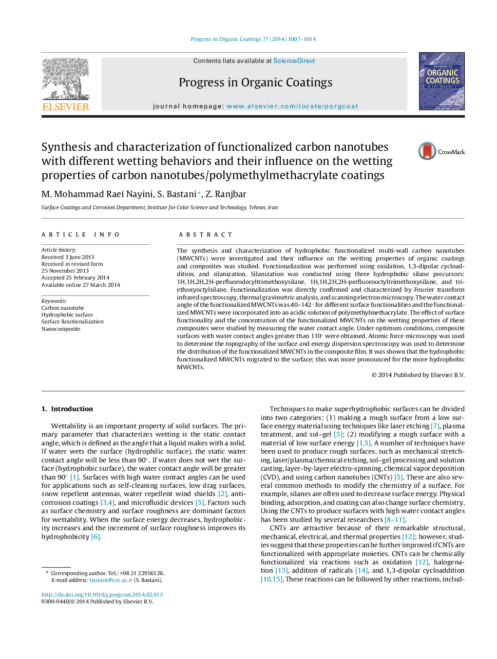 Synthesis and characterization of functionalized carbon nanotubes with different wetting behaviors and their influence on the wetting properties of carbon nanotubes/polymethylmethacrylate coatings