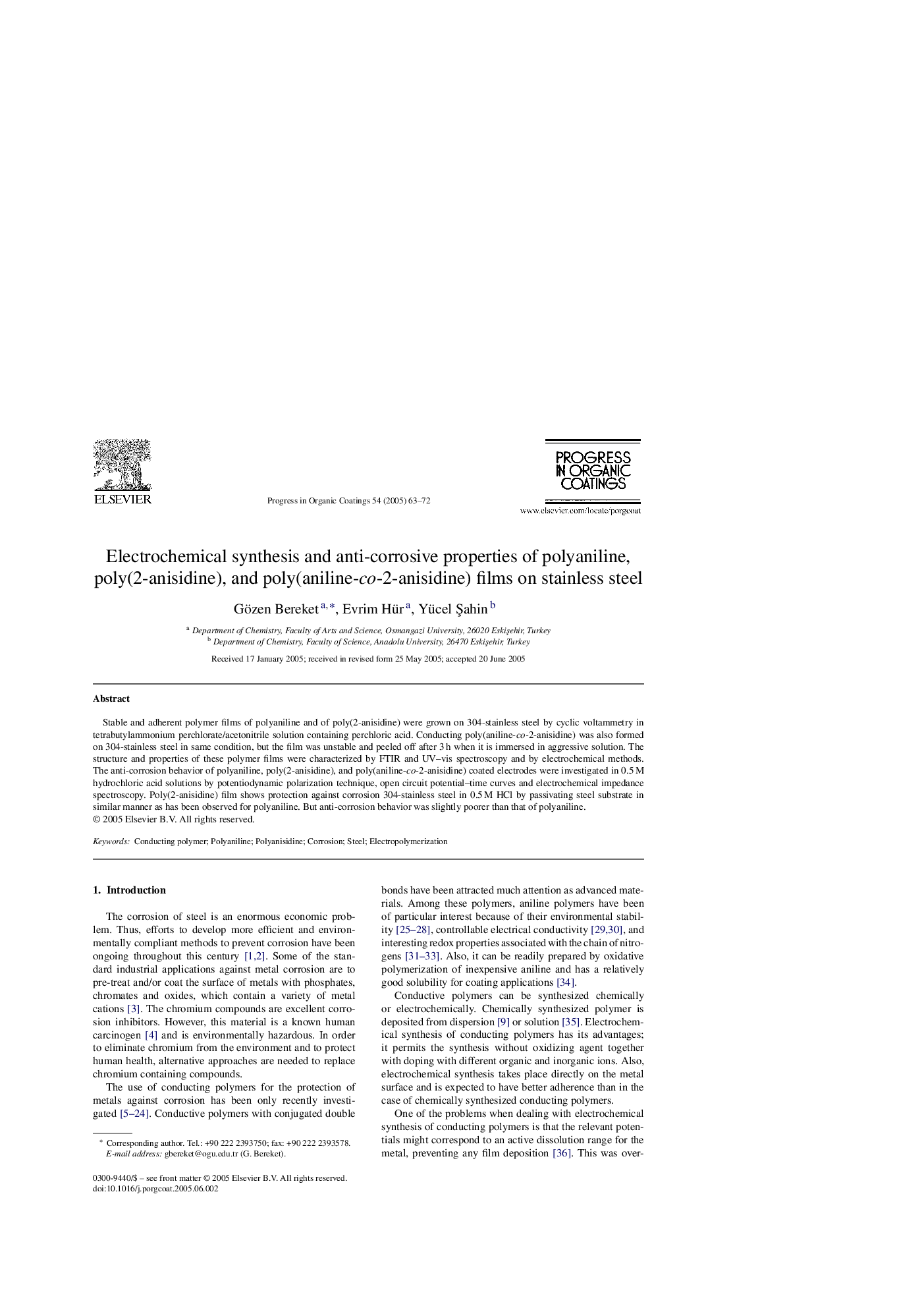 Electrochemical synthesis and anti-corrosive properties of polyaniline, poly(2-anisidine), and poly(aniline-co-2-anisidine) films on stainless steel