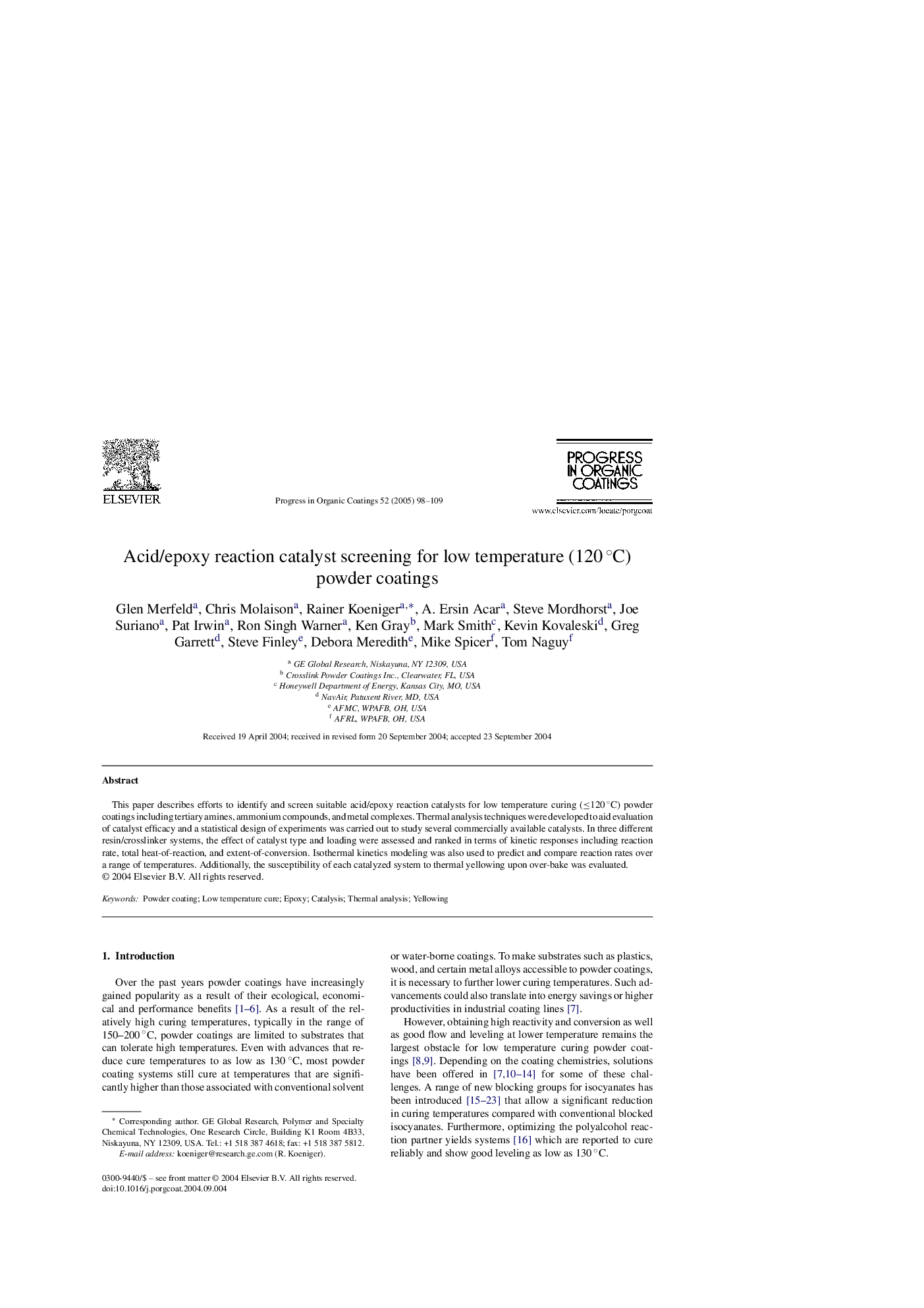 Acid/epoxy reaction catalyst screening for low temperature (120Â Â°C) powder coatings