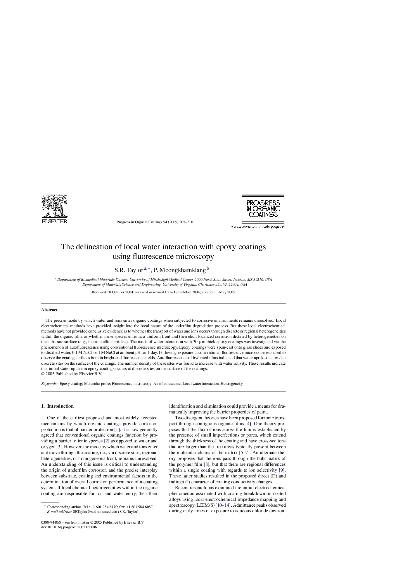 The delineation of local water interaction with epoxy coatings using fluorescence microscopy