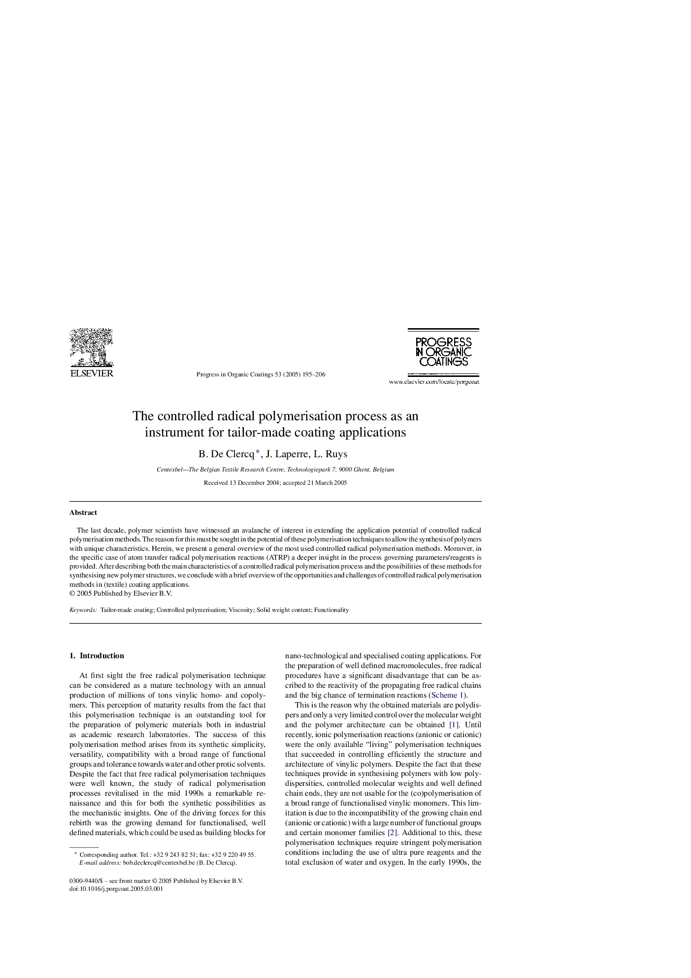 The controlled radical polymerisation process as an instrument for tailor-made coating applications