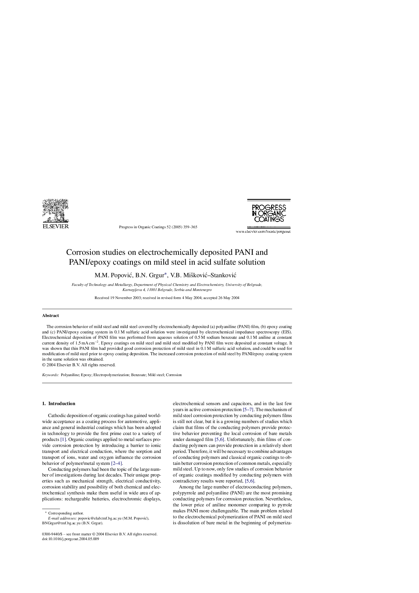 Corrosion studies on electrochemically deposited PANI and PANI/epoxy coatings on mild steel in acid sulfate solution