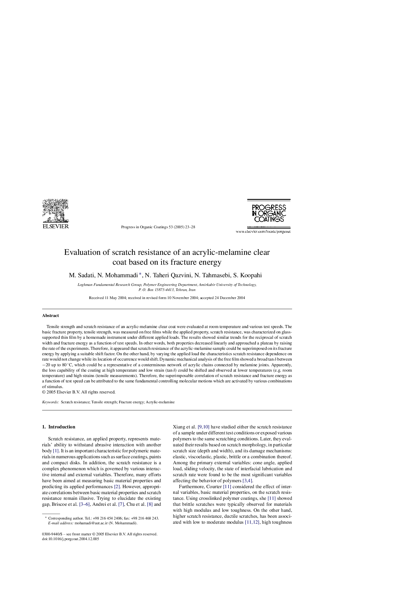 Evaluation of scratch resistance of an acrylic-melamine clear coat based on its fracture energy