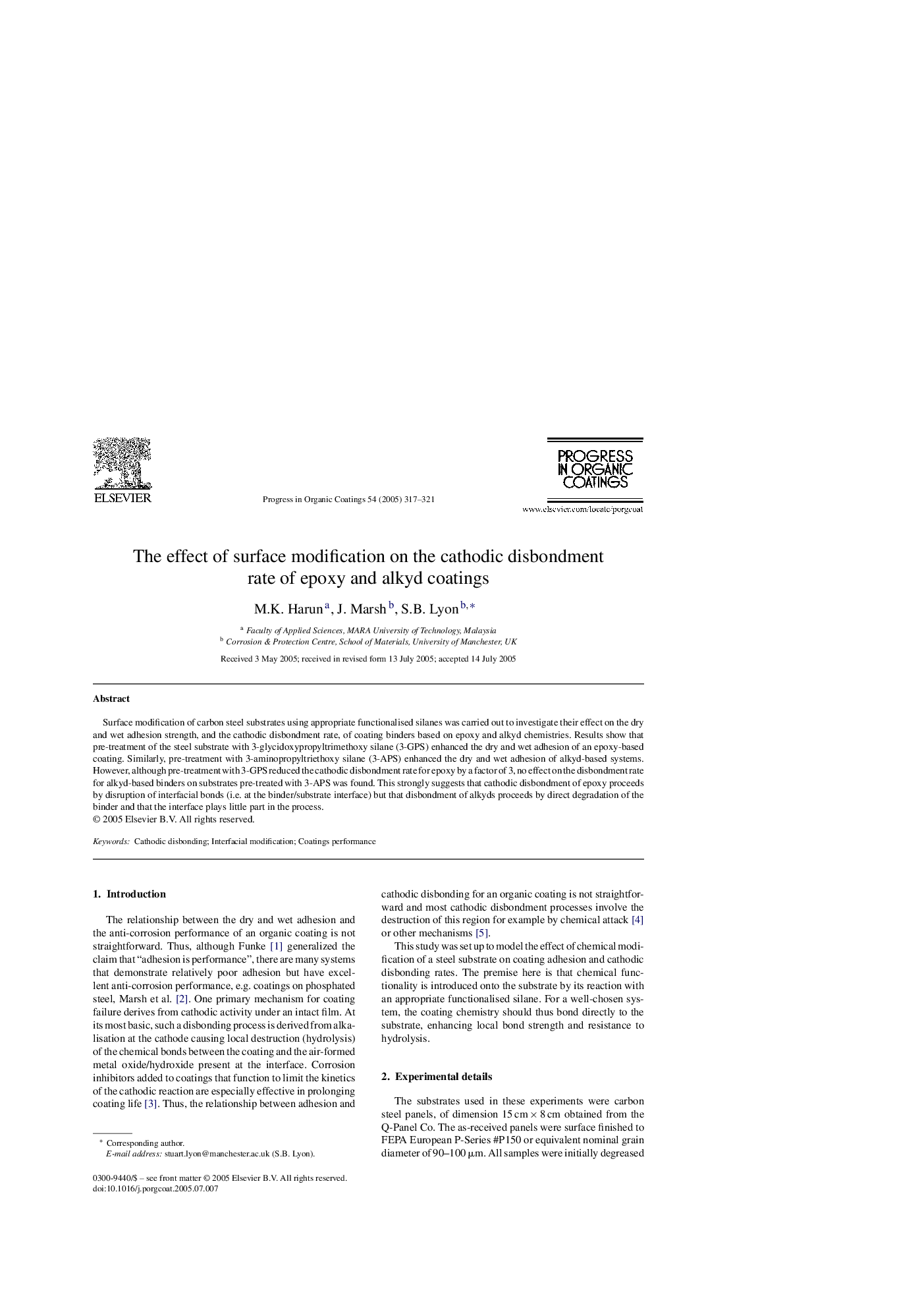 The effect of surface modification on the cathodic disbondment rate of epoxy and alkyd coatings