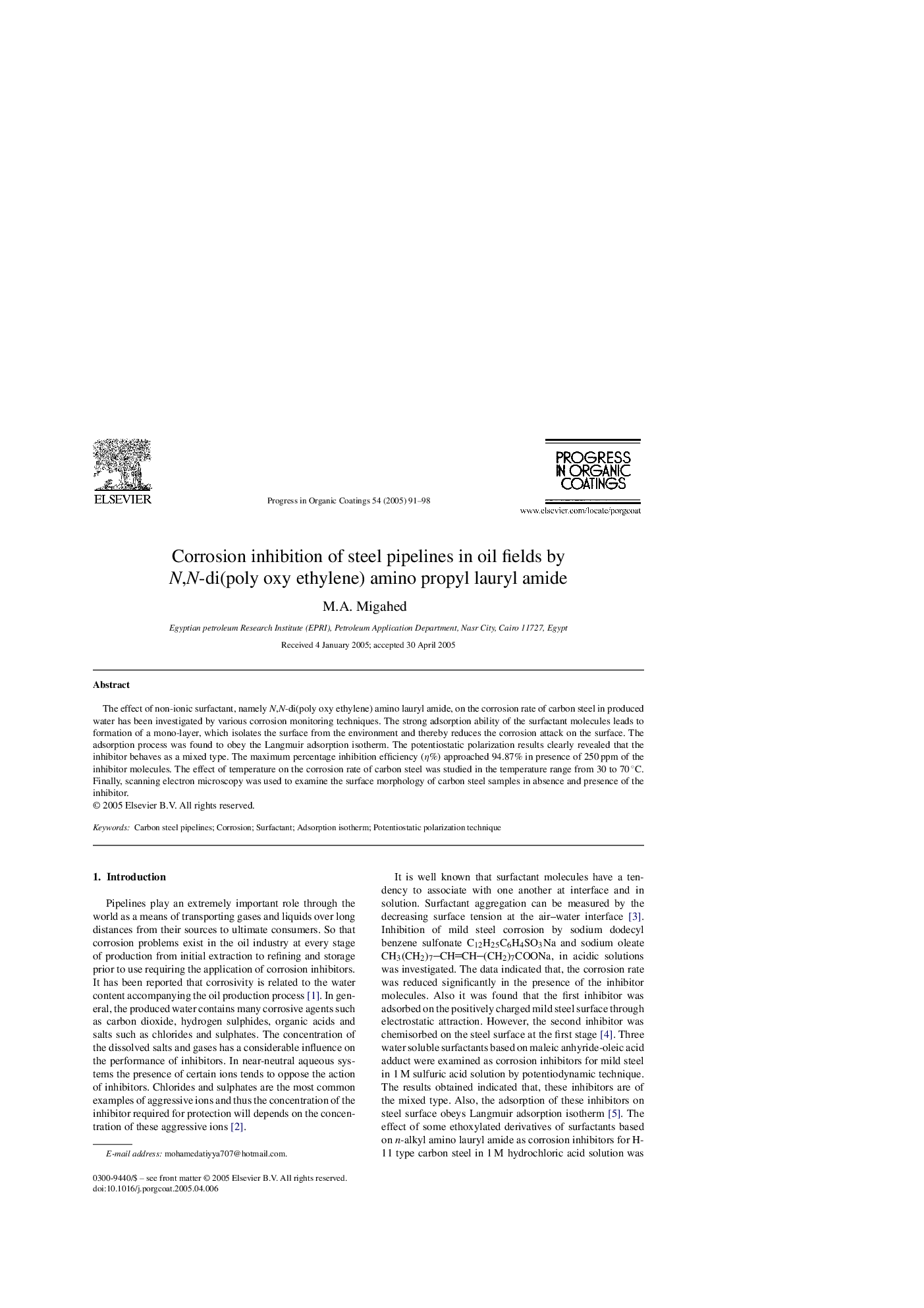 Corrosion inhibition of steel pipelines in oil fields by N,N-di(poly oxy ethylene) amino propyl lauryl amide