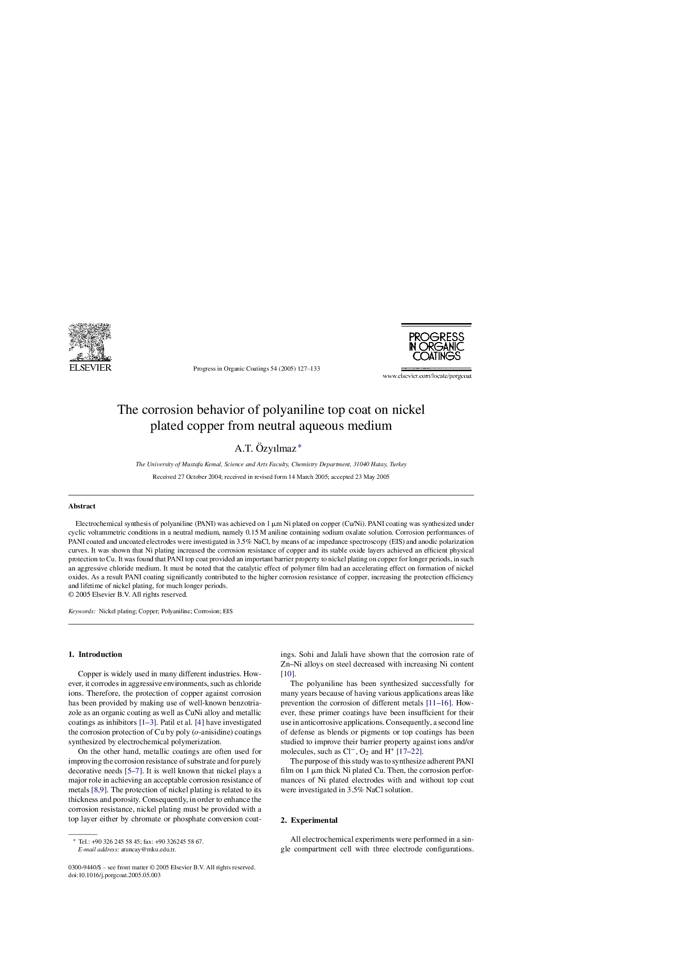 The corrosion behavior of polyaniline top coat on nickel plated copper from neutral aqueous medium