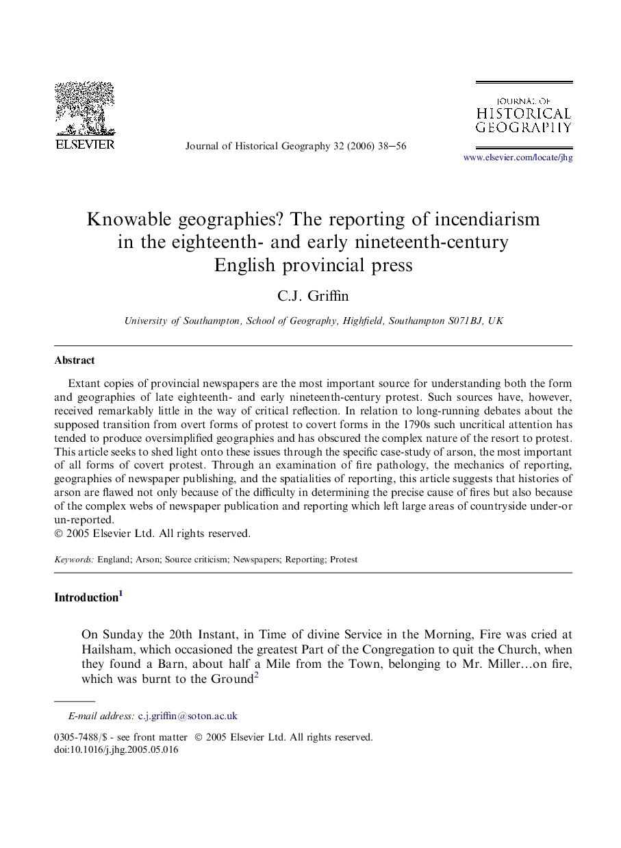 Knowable geographies? The reporting of incendiarism in the eighteenth- and early nineteenth-century English provincial press