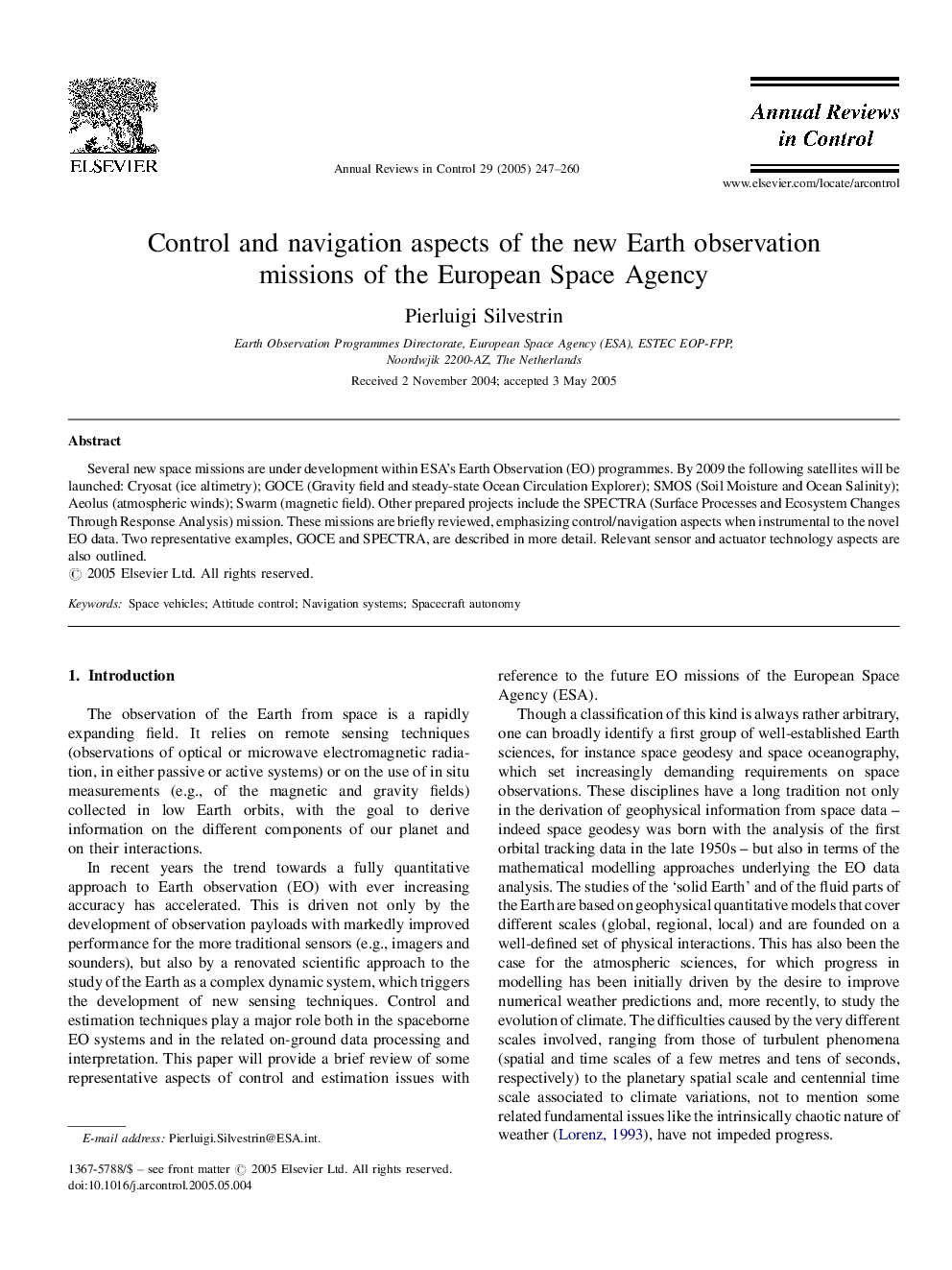 Control and navigation aspects of the new Earth observation missions of the European Space Agency