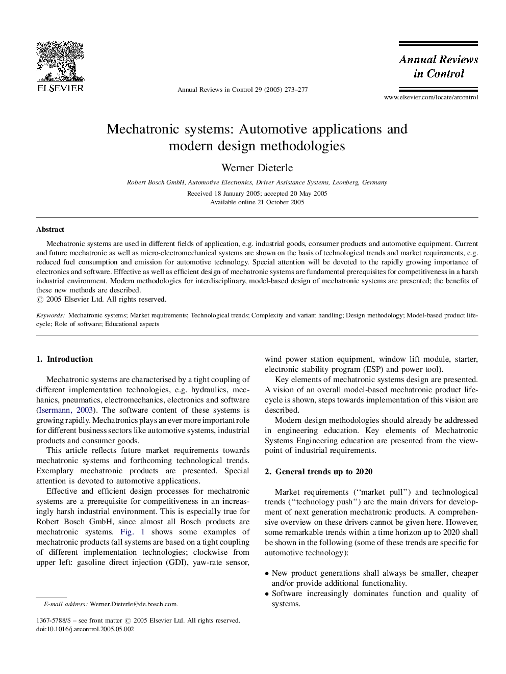 Mechatronic systems: Automotive applications and modern design methodologies