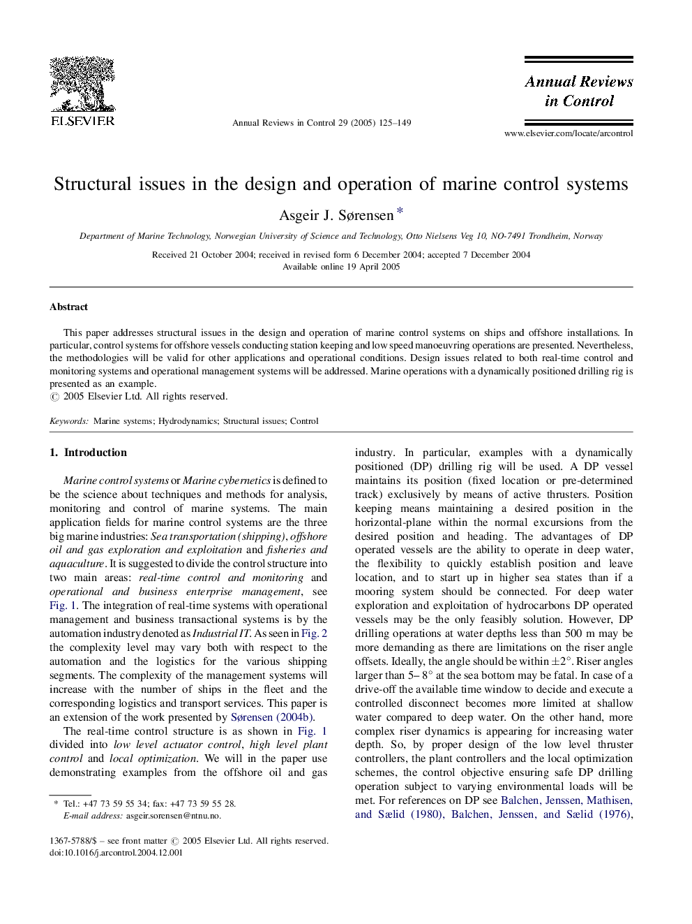 Structural issues in the design and operation of marine control systems