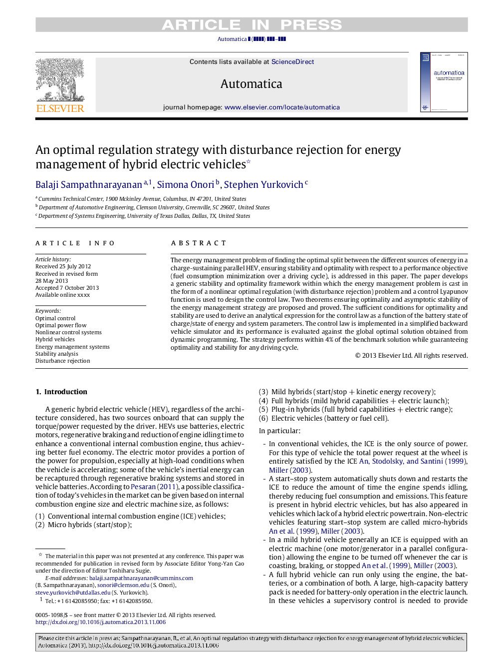 An optimal regulation strategy with disturbance rejection for energy management of hybrid electric vehicles