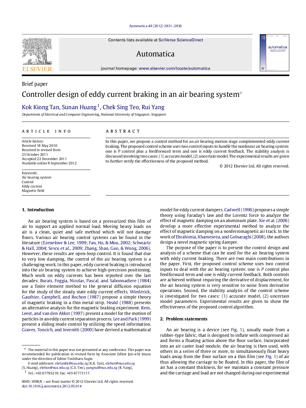 Controller design of eddy current braking in an air bearing system