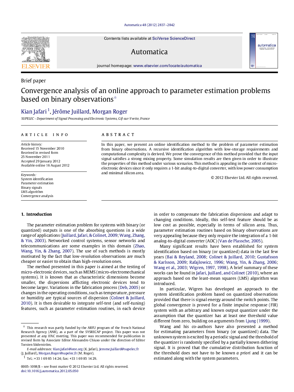 Convergence analysis of an online approach to parameter estimation problems based on binary observations