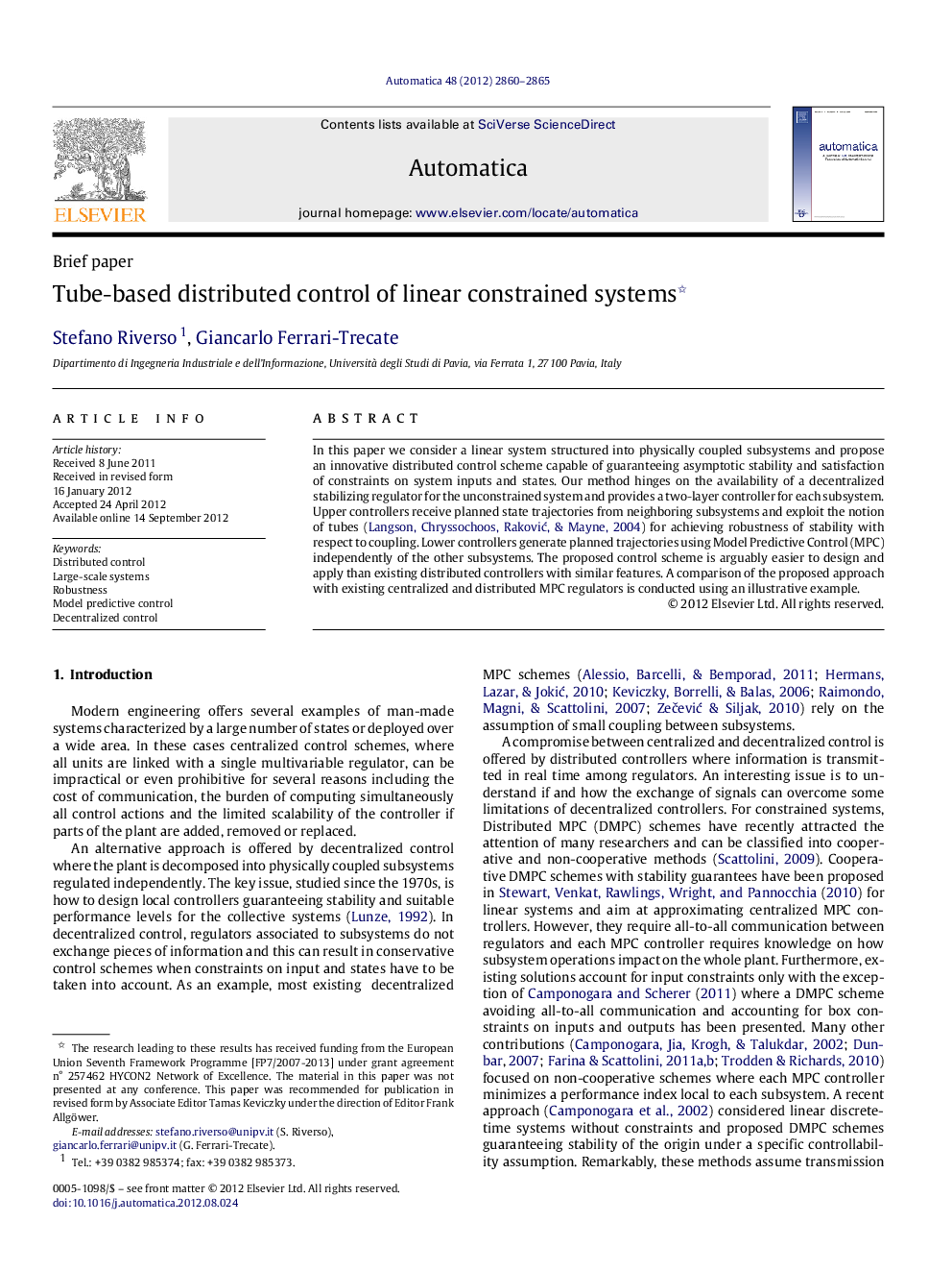 Tube-based distributed control of linear constrained systems