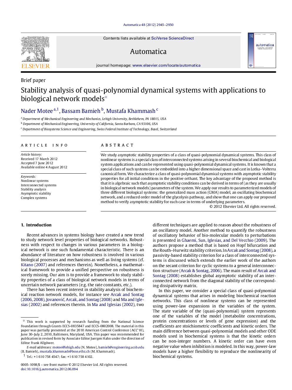 Stability analysis of quasi-polynomial dynamical systems with applications to biological network models