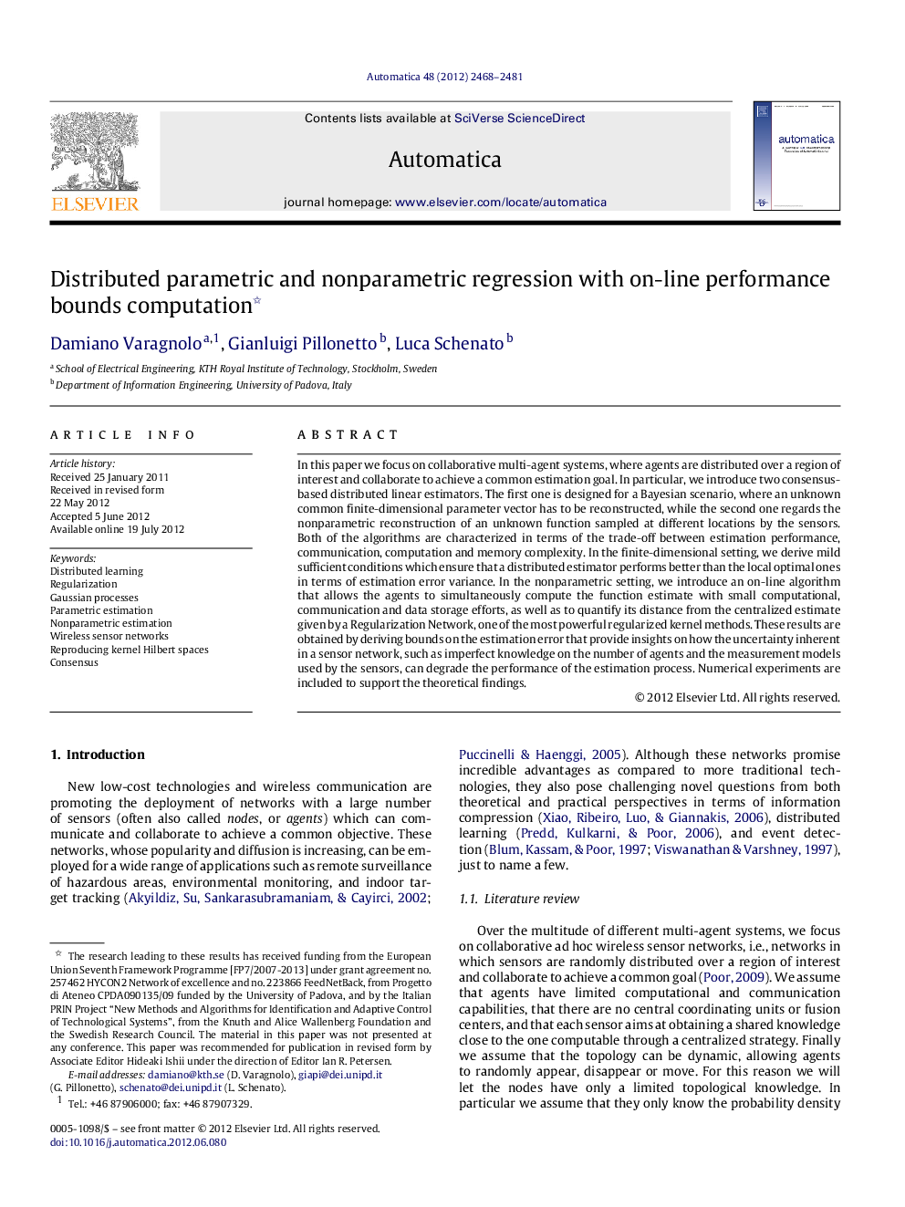 Distributed parametric and nonparametric regression with on-line performance bounds computation