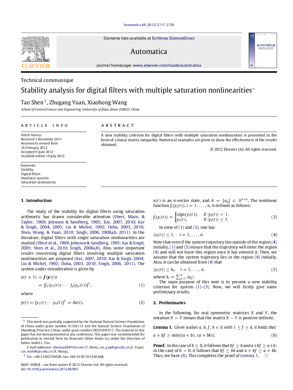 Stability analysis for digital filters with multiple saturation nonlinearities