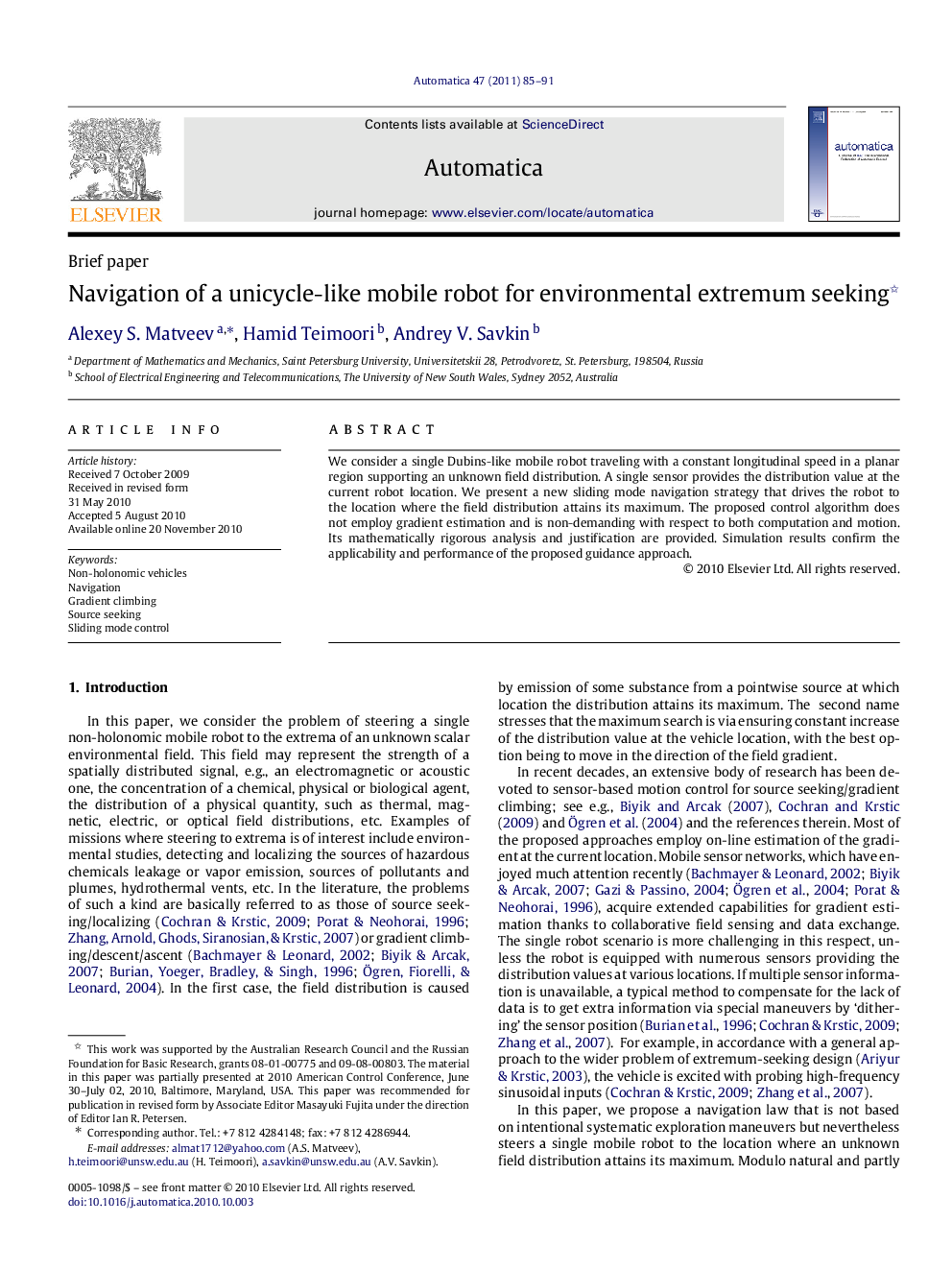 Navigation of a unicycle-like mobile robot for environmental extremum seeking