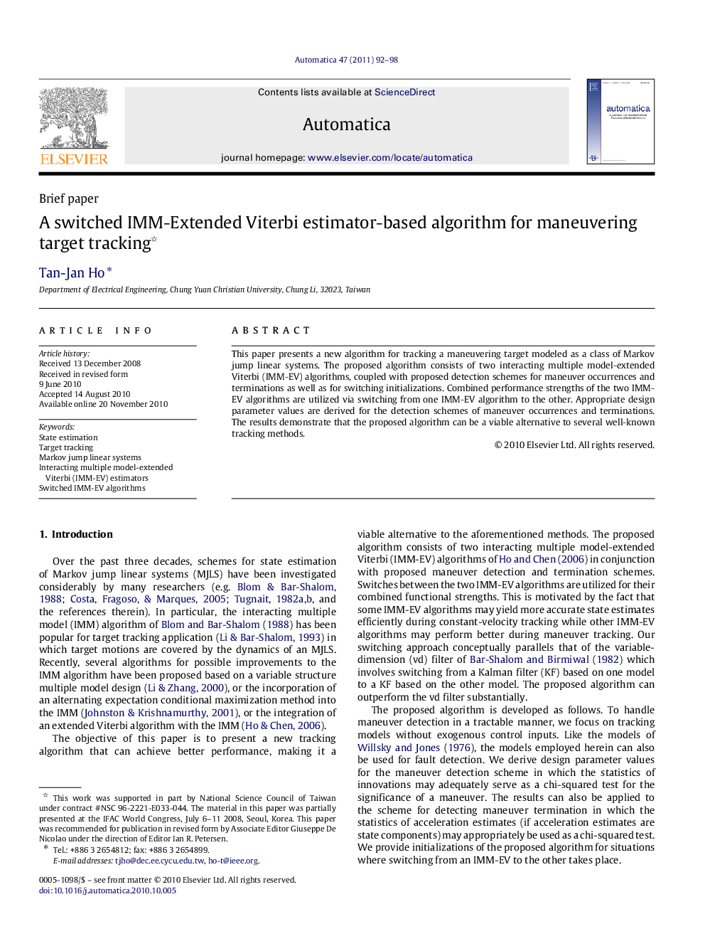 A switched IMM-Extended Viterbi estimator-based algorithm for maneuvering target tracking