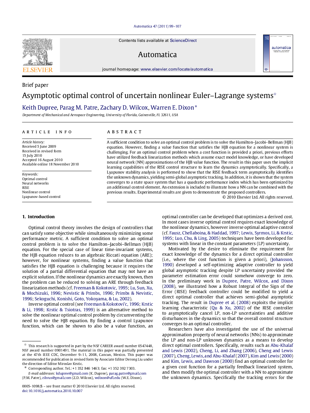 Asymptotic optimal control of uncertain nonlinear Euler-Lagrange systems