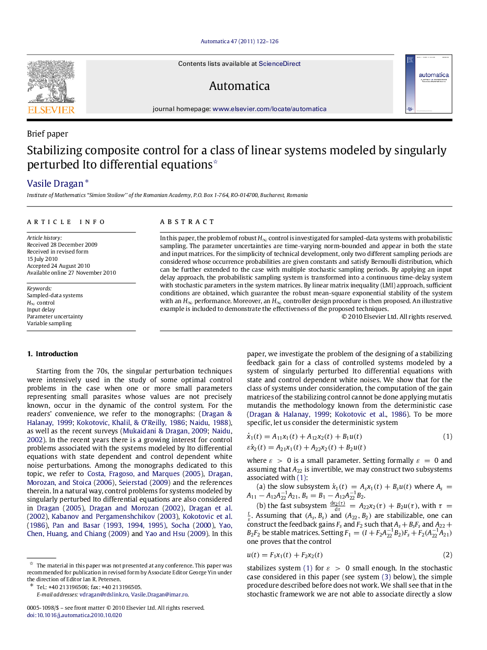 Stabilizing composite control for a class of linear systems modeled by singularly perturbed Ito differential equations