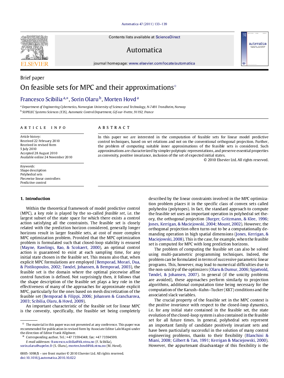 On feasible sets for MPC and their approximations