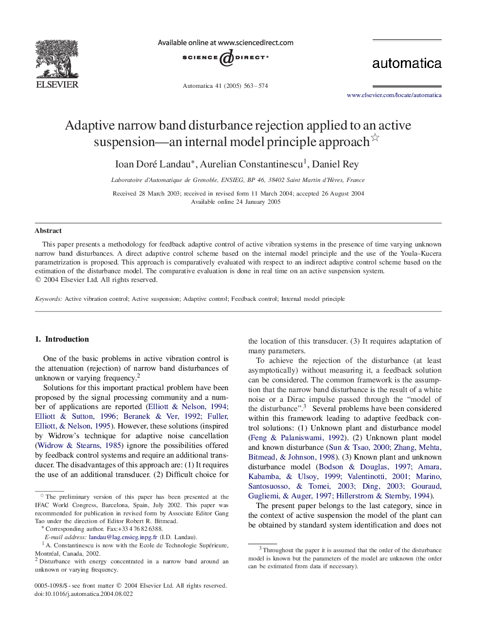 Adaptive narrow band disturbance rejection applied to an active suspension-an internal model principle approach