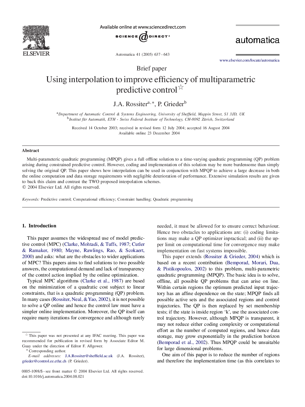 Using interpolation to improve efficiency of multiparametric predictive control