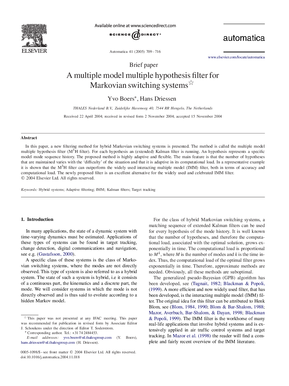 A multiple model multiple hypothesis filter for Markovian switching systems