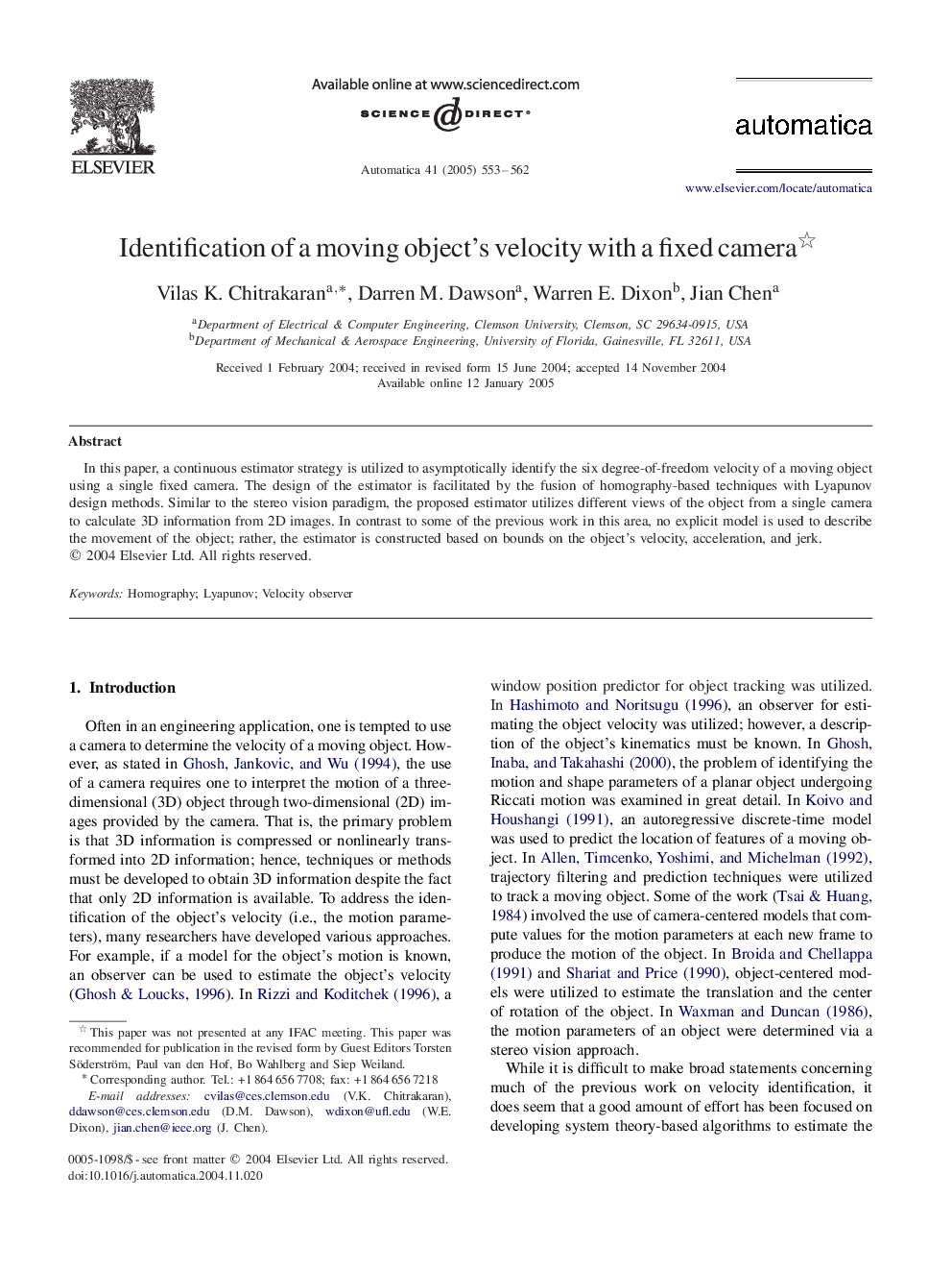 Identification of a moving object's velocity with a fixed camera