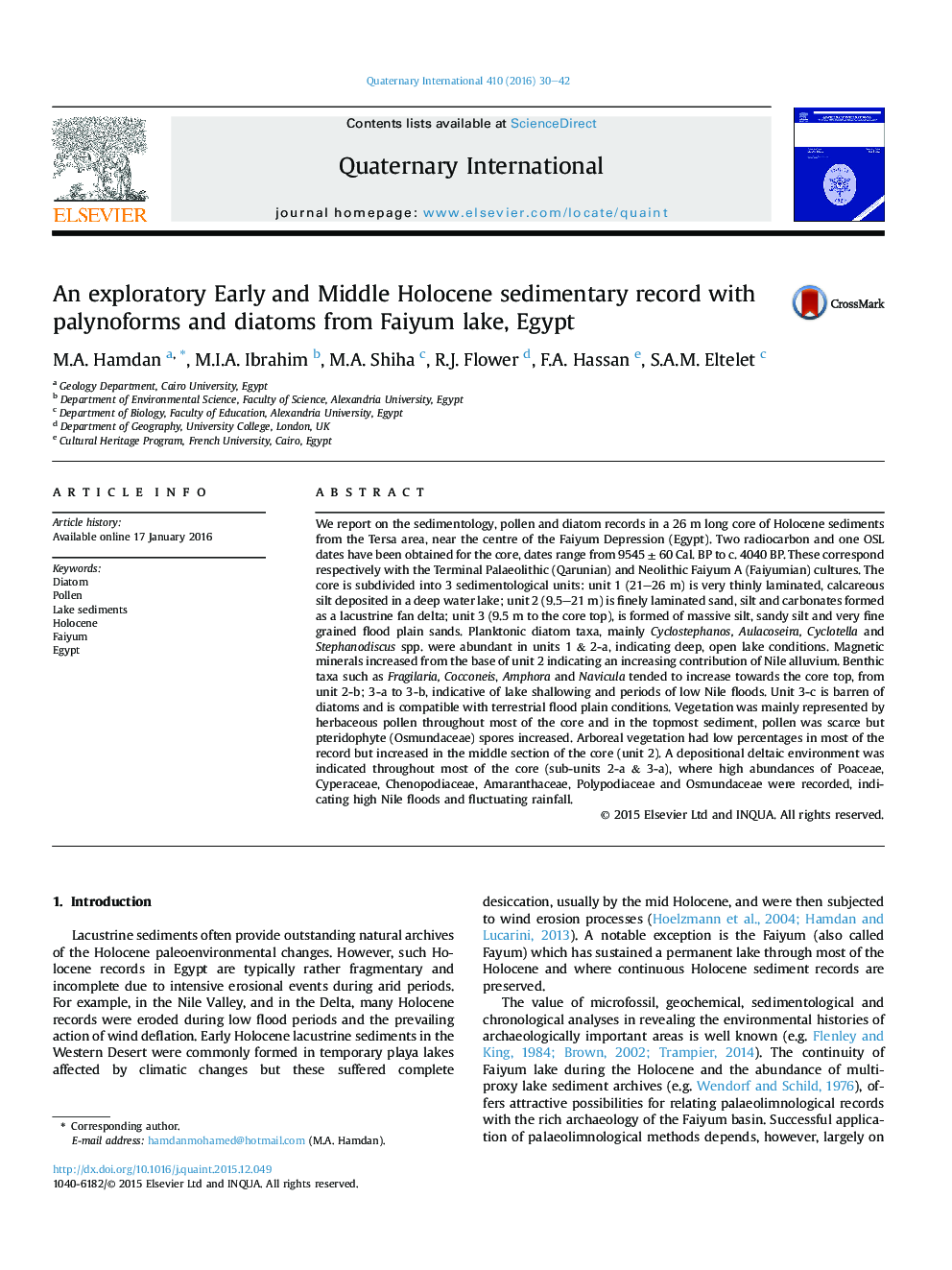 An exploratory Early and Middle Holocene sedimentary record with palynoforms and diatoms from Faiyum lake, Egypt