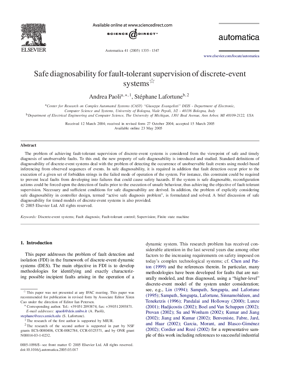 Safe diagnosability for fault-tolerant supervision of discrete-event systems