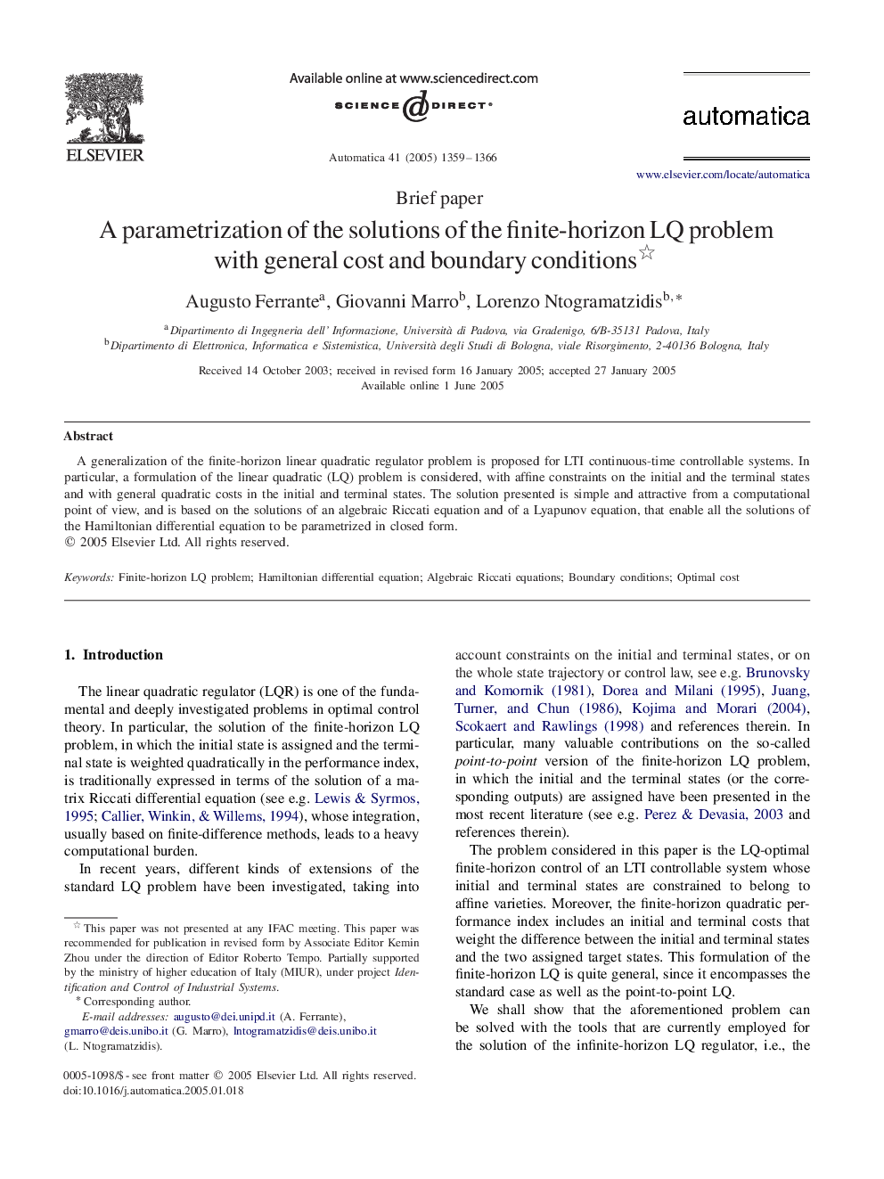 A parametrization of the solutions of the finite-horizon LQ problem with general cost and boundary conditions