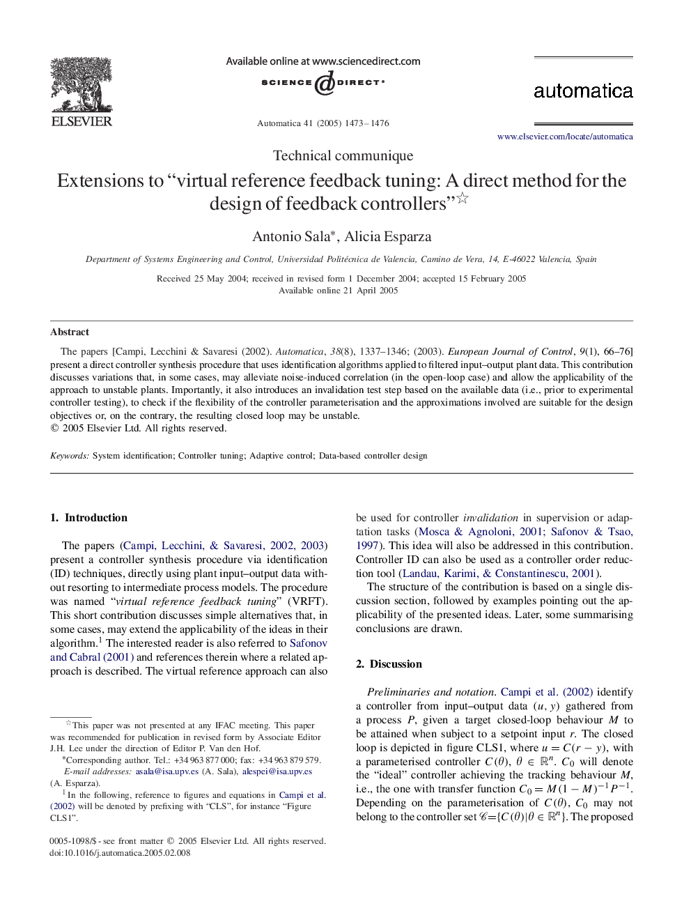 Extensions to “virtual reference feedback tuning: A direct method for the design of feedback controllers”