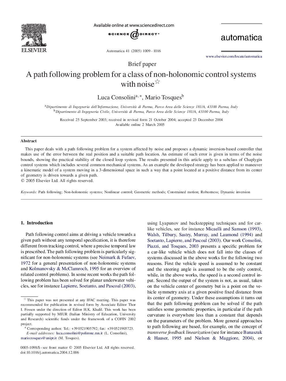 A path following problem for a class of non-holonomic control systems with noise