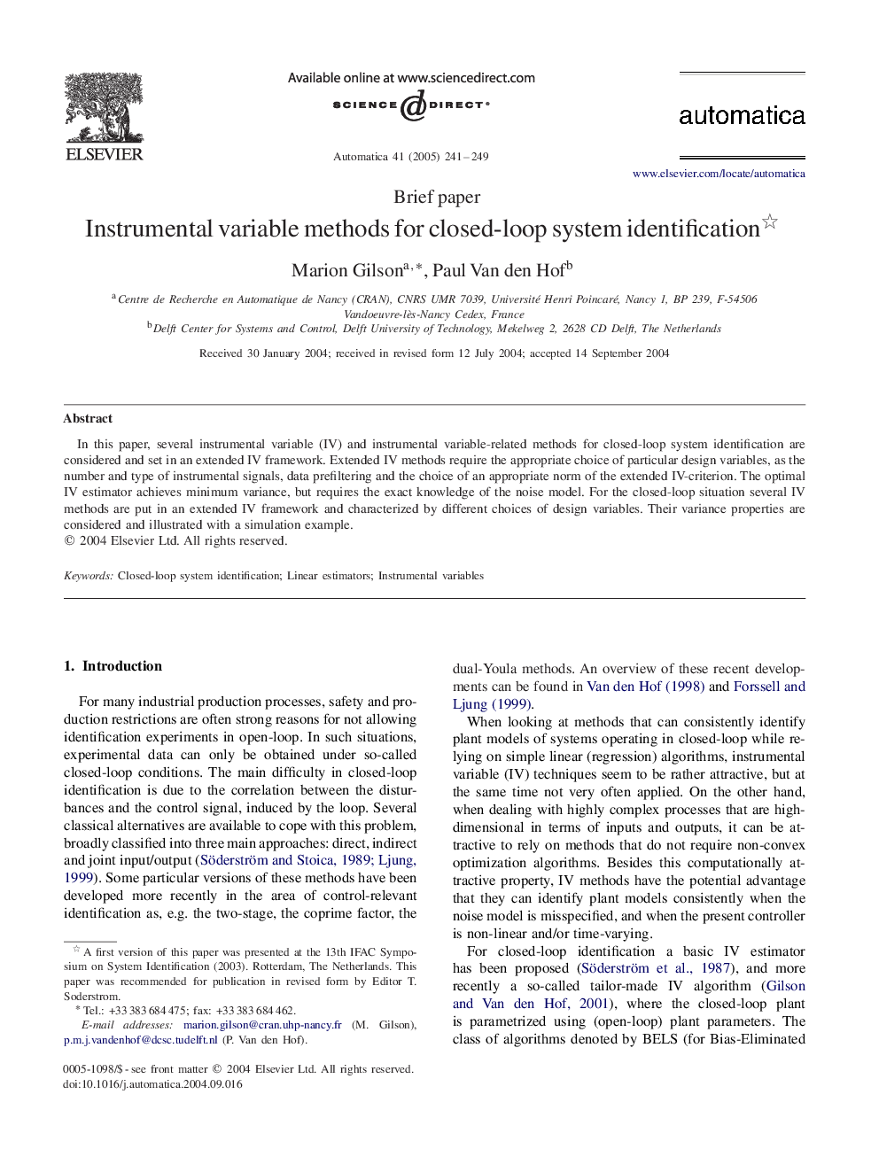 Instrumental variable methods for closed-loop system identification