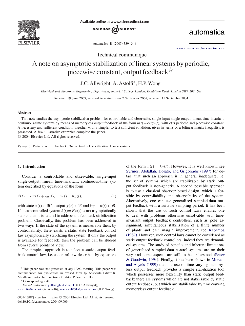 عکس صفحه اول مقاله: A note on asymptotic stabilization of linear systems by periodic, piecewise constant, output feedback A note on asymptotic stabilization of linear systems by periodic, piecewise constant, output feedback