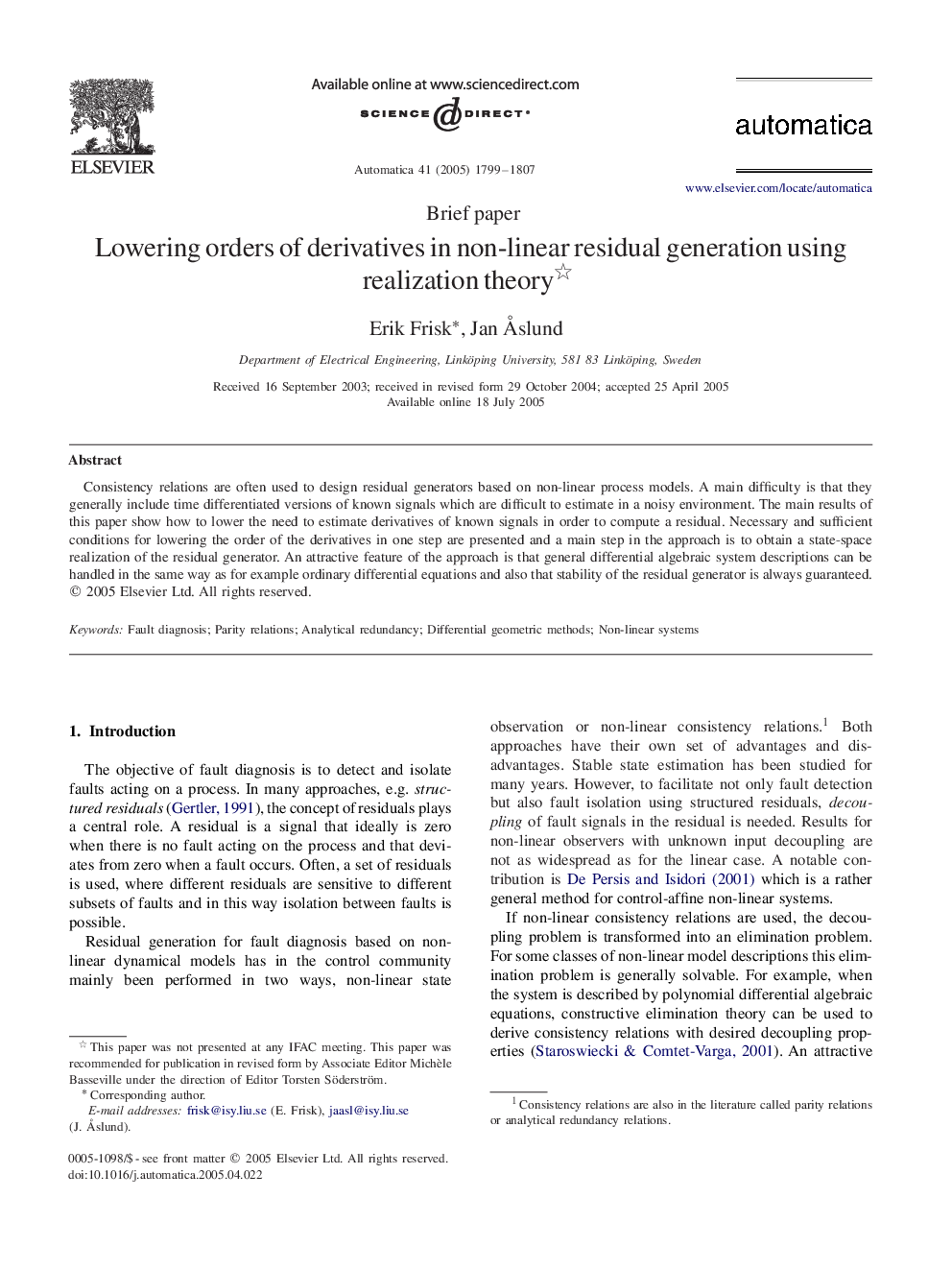 Lowering orders of derivatives in non-linear residual generation using realization theory