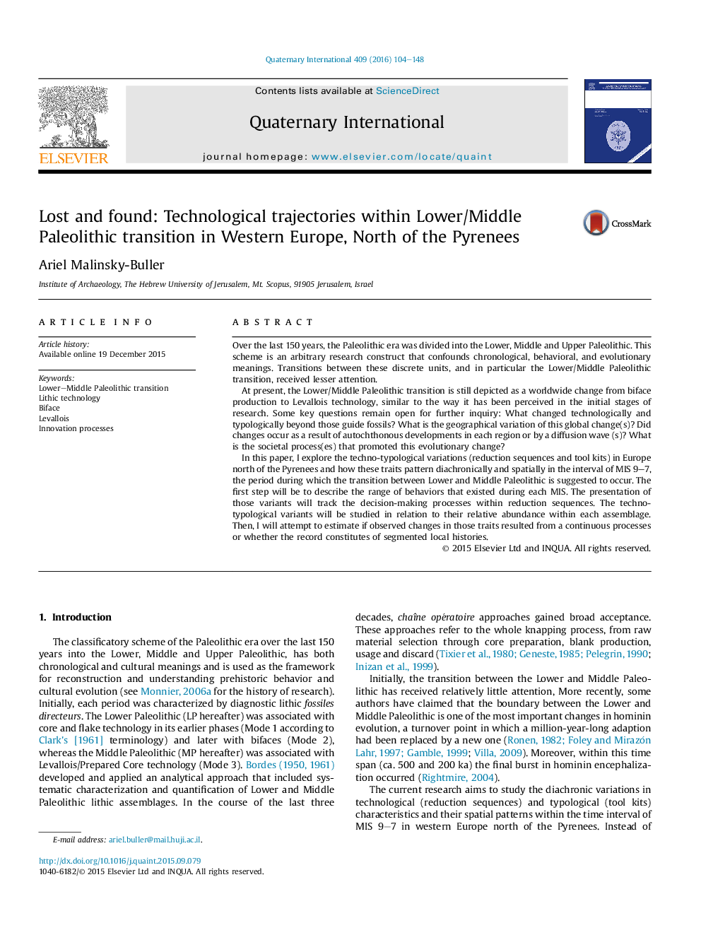 Lost and found: Technological trajectories within Lower/Middle Paleolithic transition in Western Europe, North of the Pyrenees