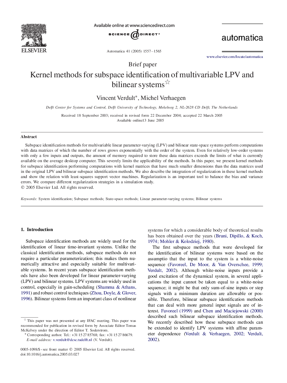 Kernel methods for subspace identification of multivariable LPV and bilinear systems