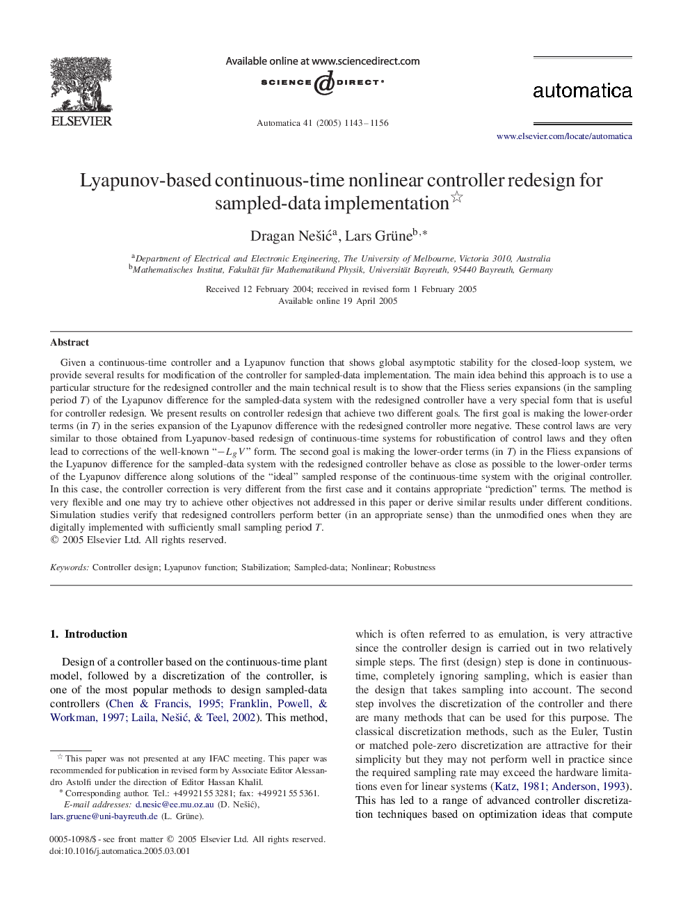 Lyapunov-based continuous-time nonlinear controller redesign for sampled-data implementation